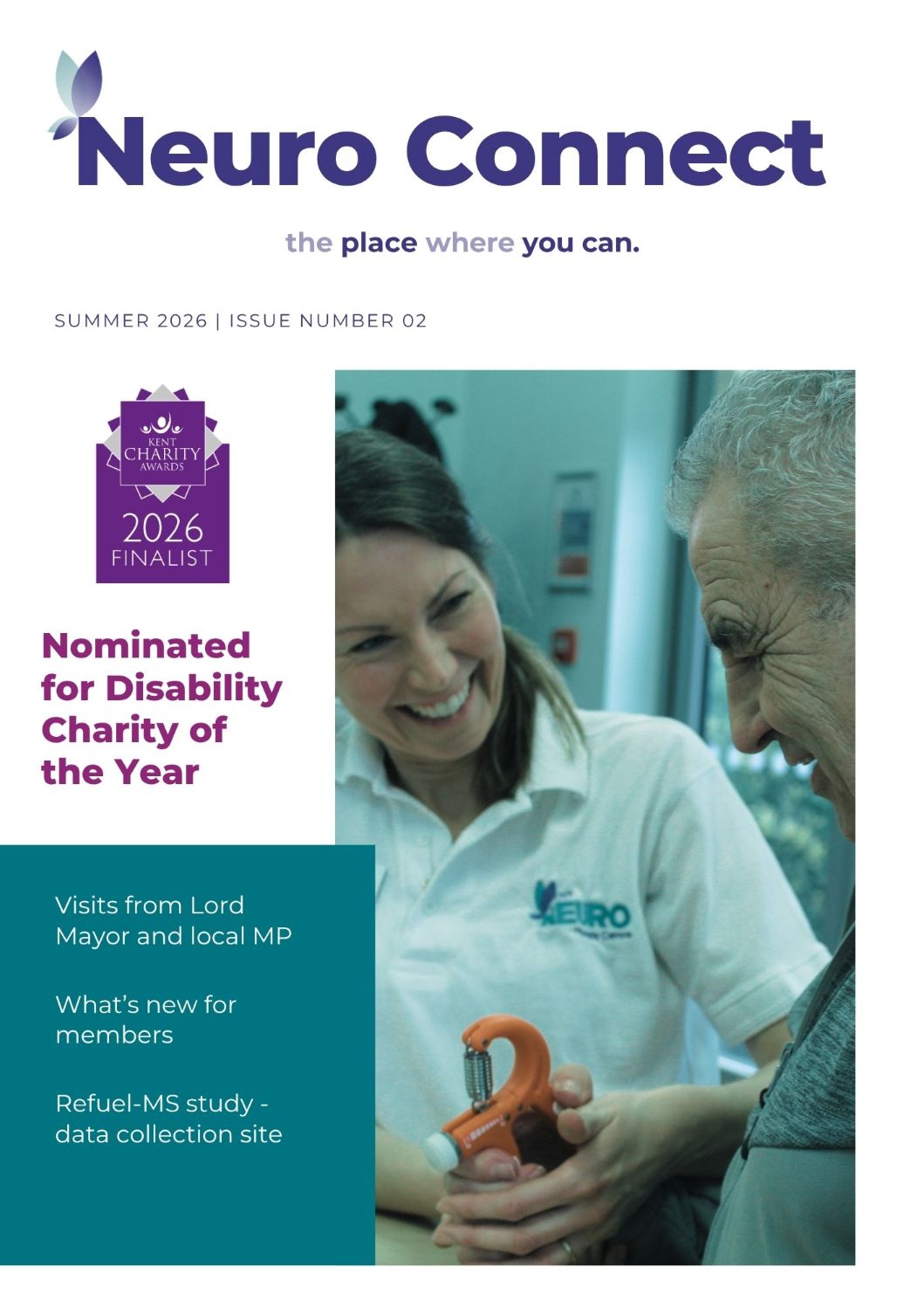 Summer 2026 newsletter cover - physiotherapist and member in the upper limb class
